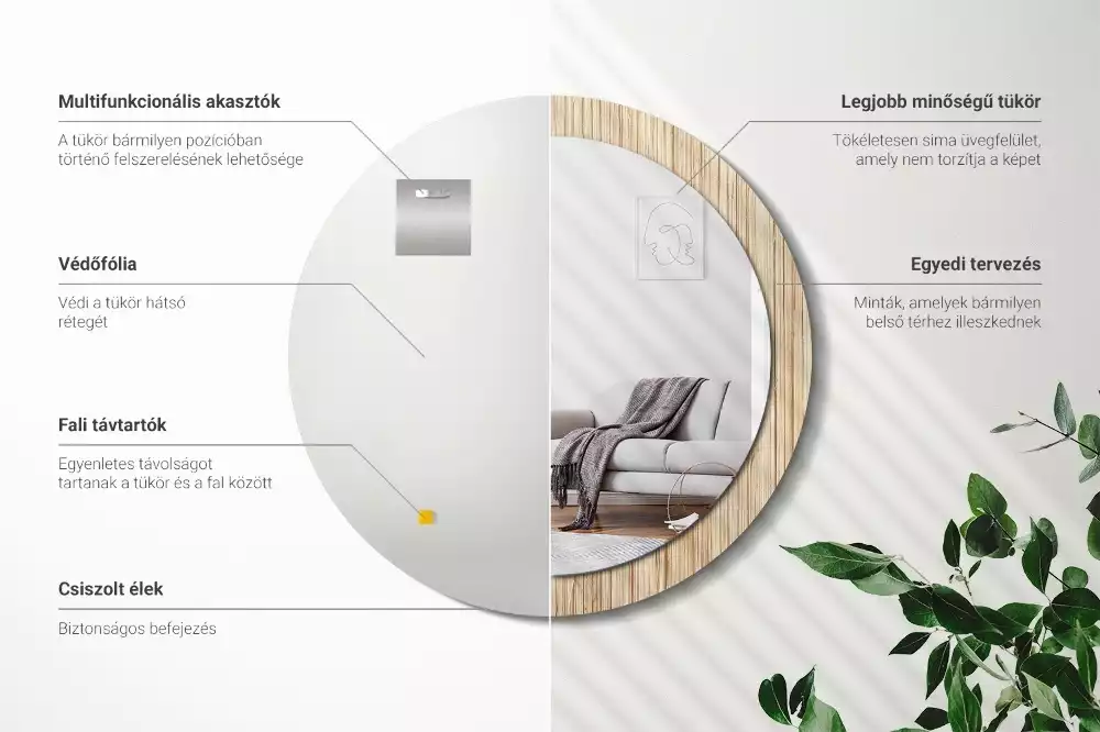 Lustro okrągłe z drukowaną ramką w motywie bambusa w kolorze słomy