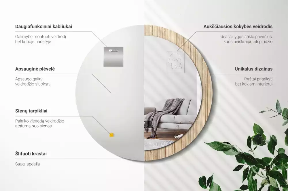 Lustro okrągłe z drukowaną ramką w motywie bambusa w kolorze słomy