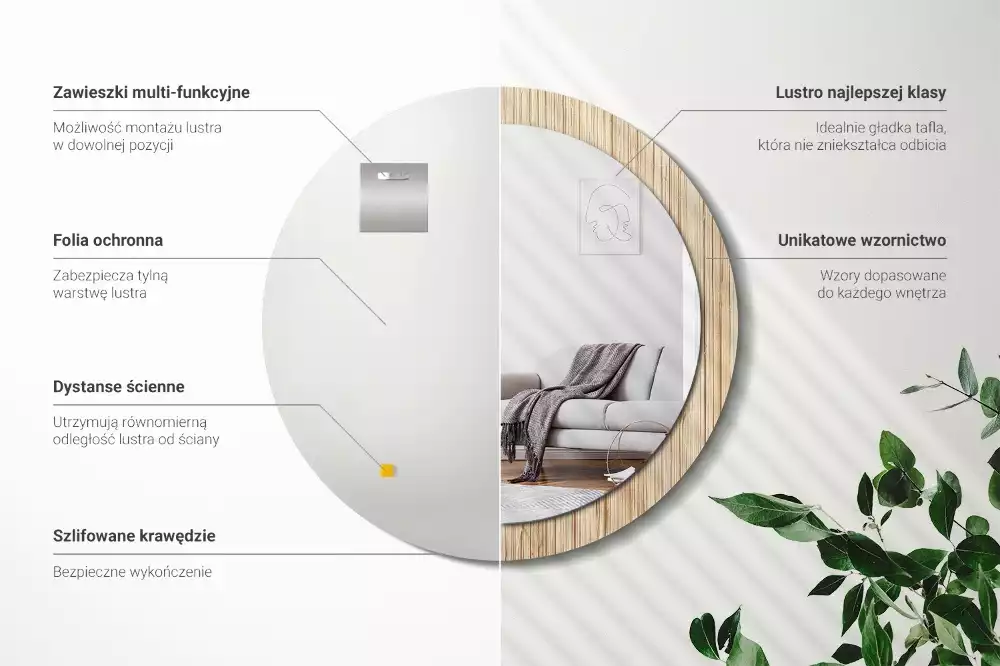 Lustro okrągłe z drukowaną ramką w motywie bambusa w kolorze słomy