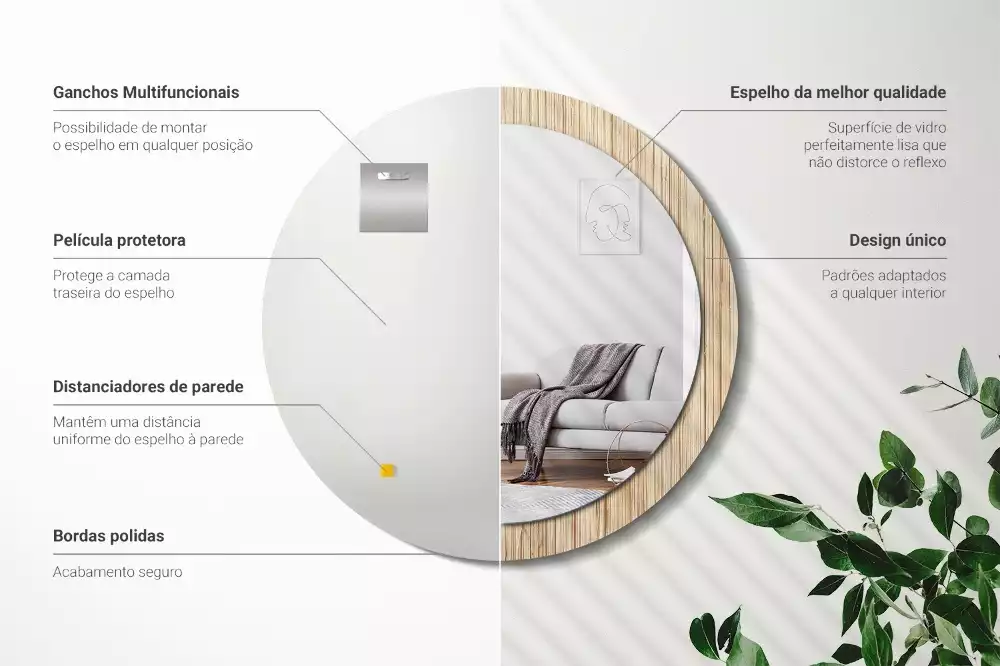 Lustro okrągłe z drukowaną ramką w motywie bambusa w kolorze słomy