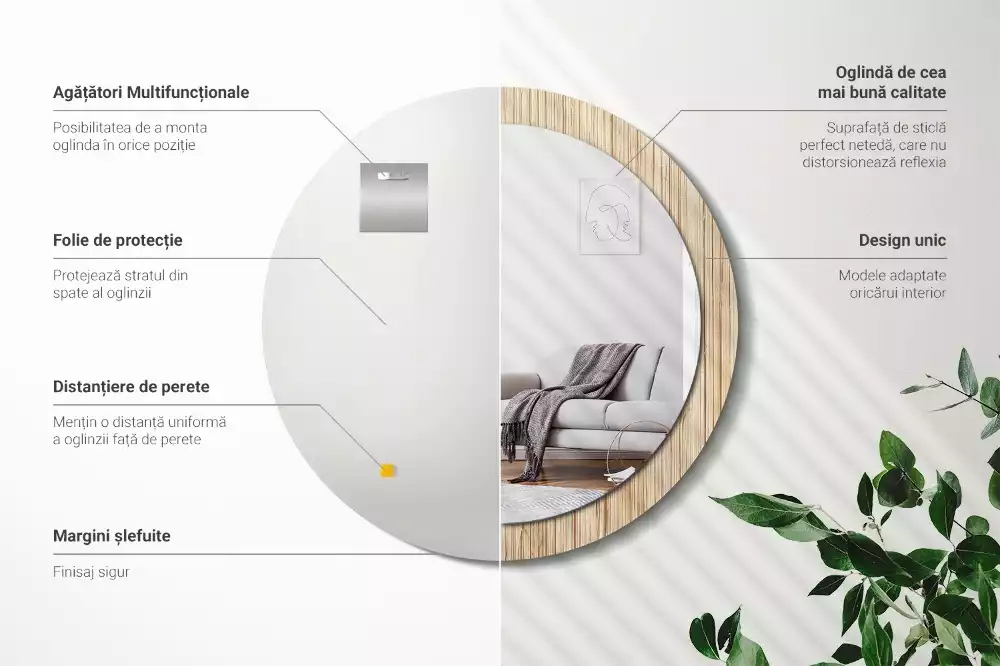 Lustro okrągłe z drukowaną ramką w motywie bambusa w kolorze słomy