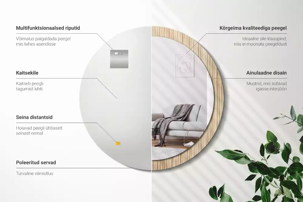 Lustro okrągłe z drukowaną ramką w motywie bambusa w kolorze słomy