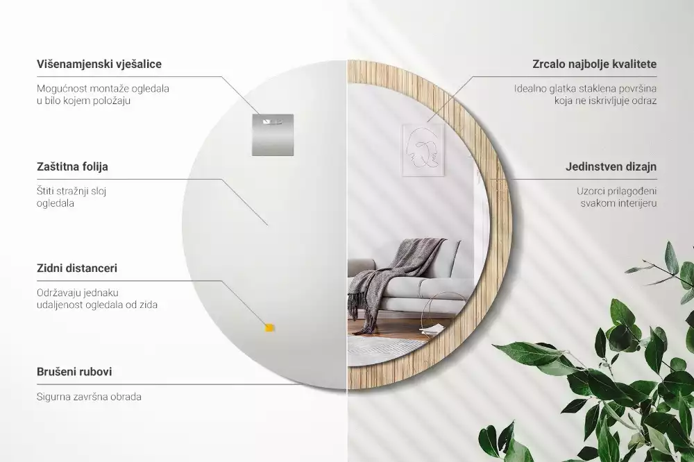 Lustro okrągłe z drukowaną ramką w motywie bambusa w kolorze słomy