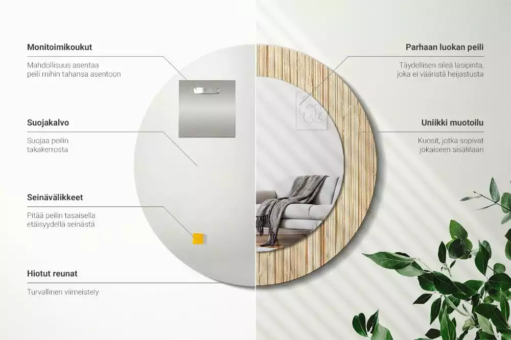 Lustro okrągłe z drukowaną ramką w motywie bambusa w kolorze słomy