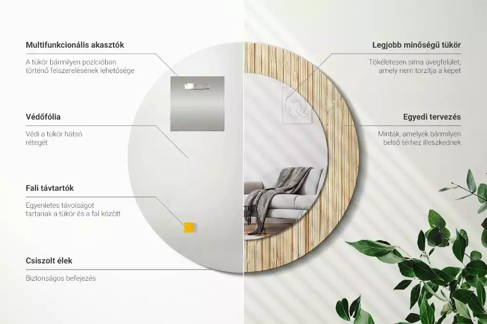 Lustro okrągłe z drukowaną ramką w motywie bambusa w kolorze słomy