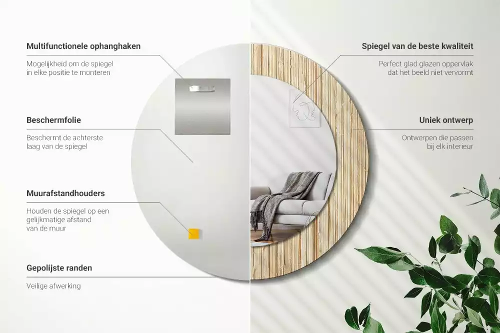 Lustro okrągłe z drukowaną ramką w motywie bambusa w kolorze słomy