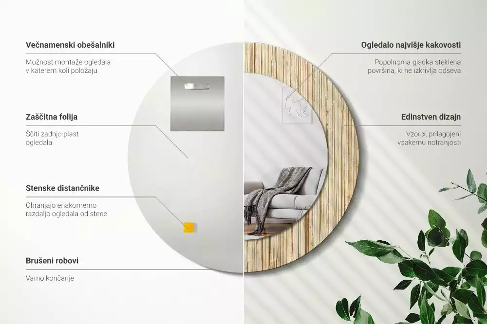 Lustro okrągłe z drukowaną ramką w motywie bambusa w kolorze słomy