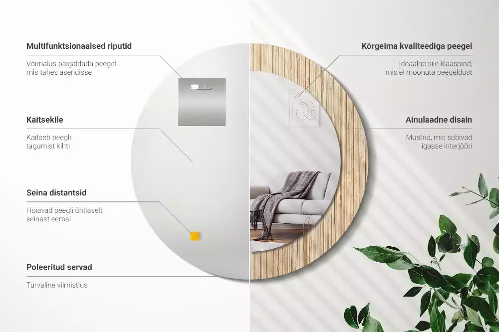 Lustro okrągłe z drukowaną ramką w motywie bambusa w kolorze słomy