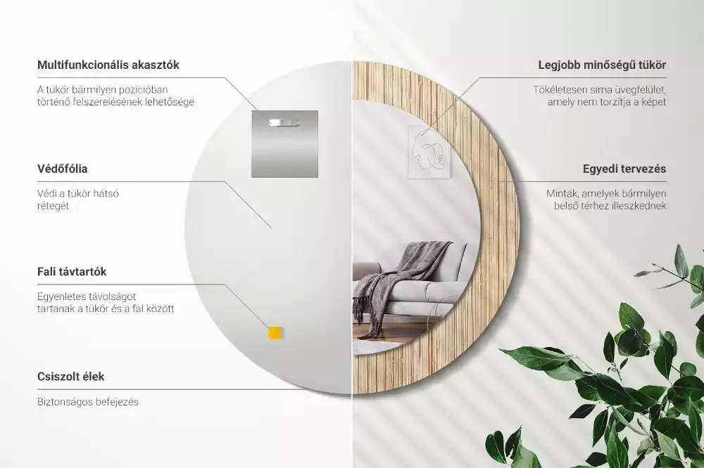 Lustro okrągłe z drukowaną ramką w motywie bambusa w kolorze słomy