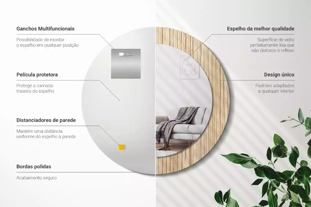 Lustro okrągłe z drukowaną ramką w motywie bambusa w kolorze słomy