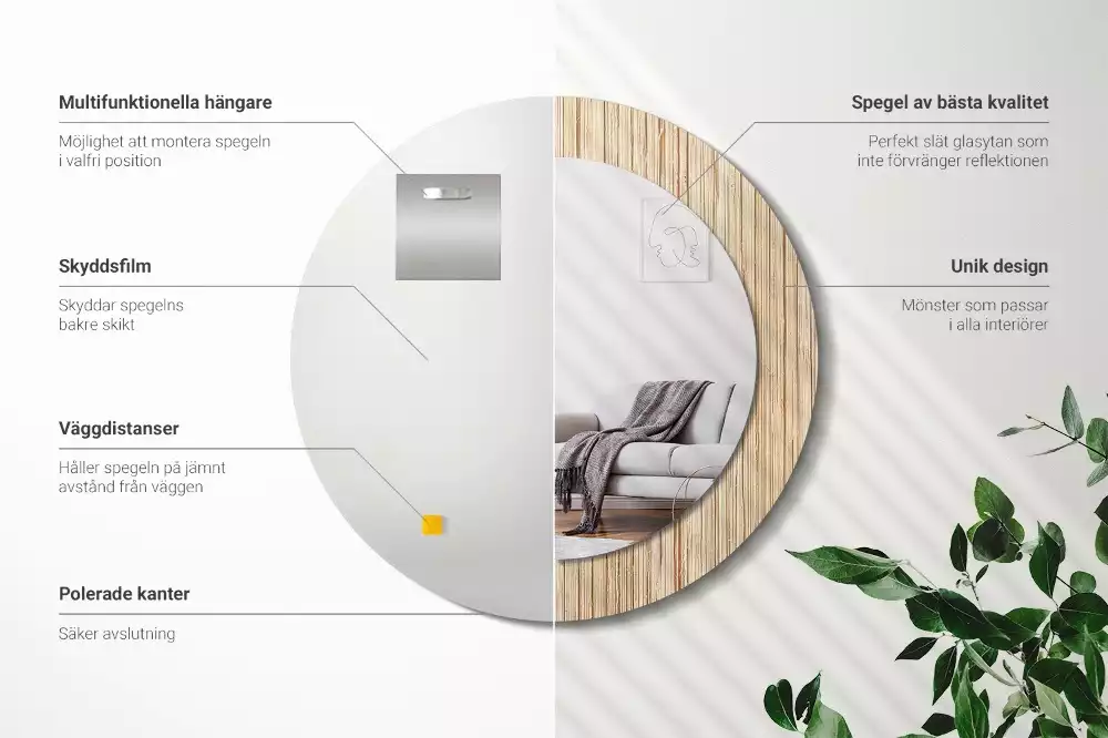 Lustro okrągłe z drukowaną ramką w motywie bambusa w kolorze słomy