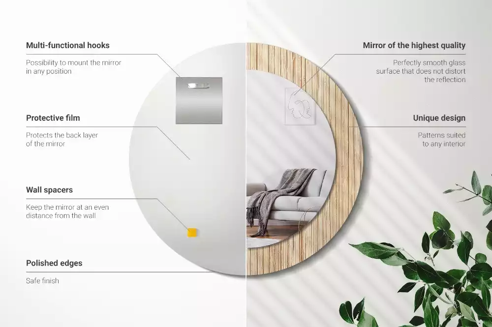 Lustro okrągłe z drukowaną ramką w motywie bambusa w kolorze słomy