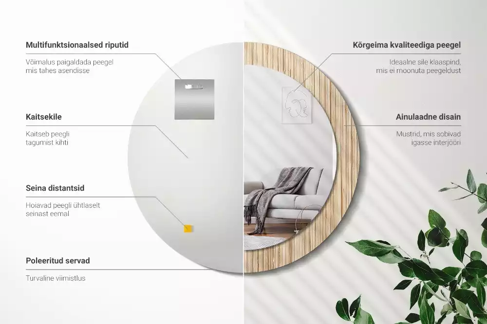 Lustro okrągłe z drukowaną ramką w motywie bambusa w kolorze słomy