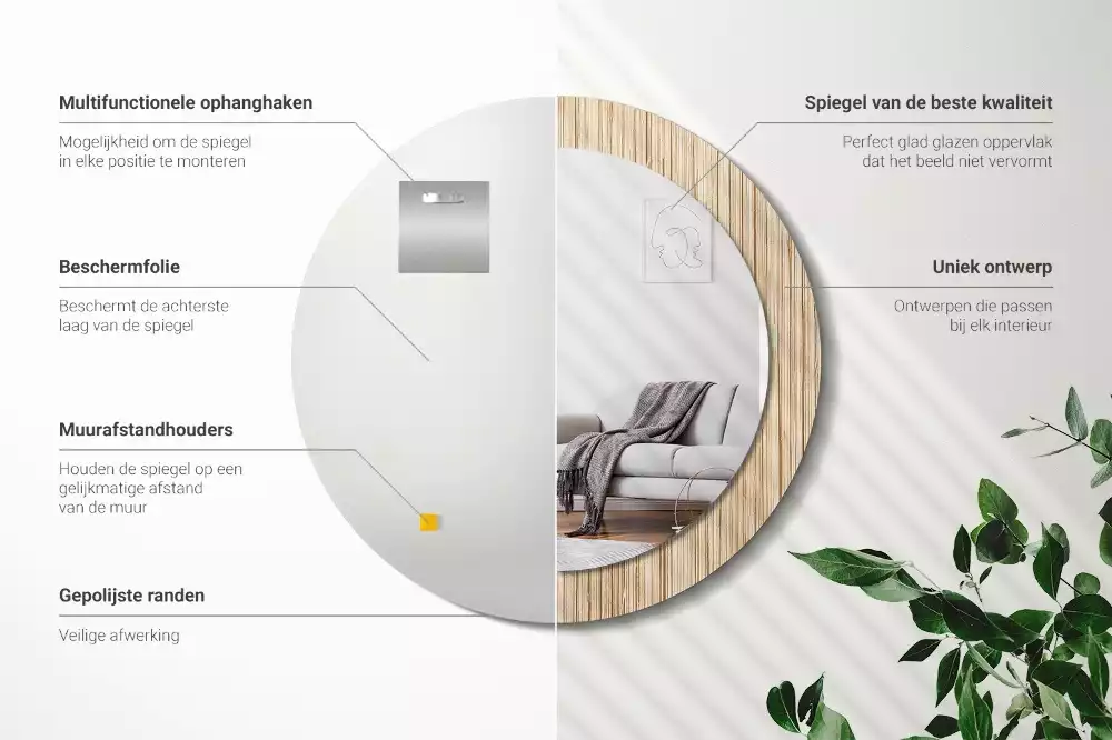 Lustro okrągłe z drukowaną ramką w motywie bambusa w kolorze słomy