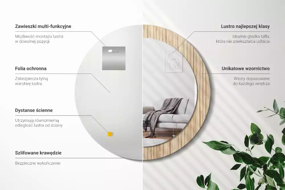 Lustro okrągłe z drukowaną ramką w motywie bambusa w kolorze słomy