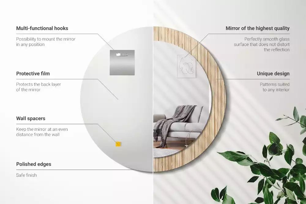 Lustro okrągłe z drukowaną ramką w motywie bambusa w kolorze słomy