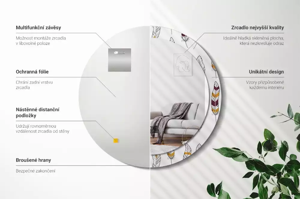 Lustro z drukowaną ramką w motywie piór