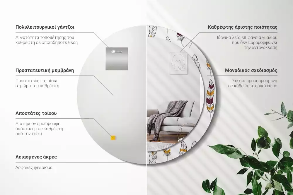 Lustro z drukowaną ramką w motywie piór