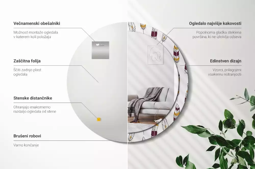 Lustro z drukowaną ramką w motywie piór