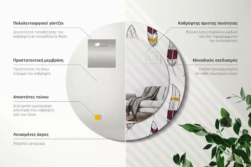 Lustro z drukowaną ramką w motywie piór
