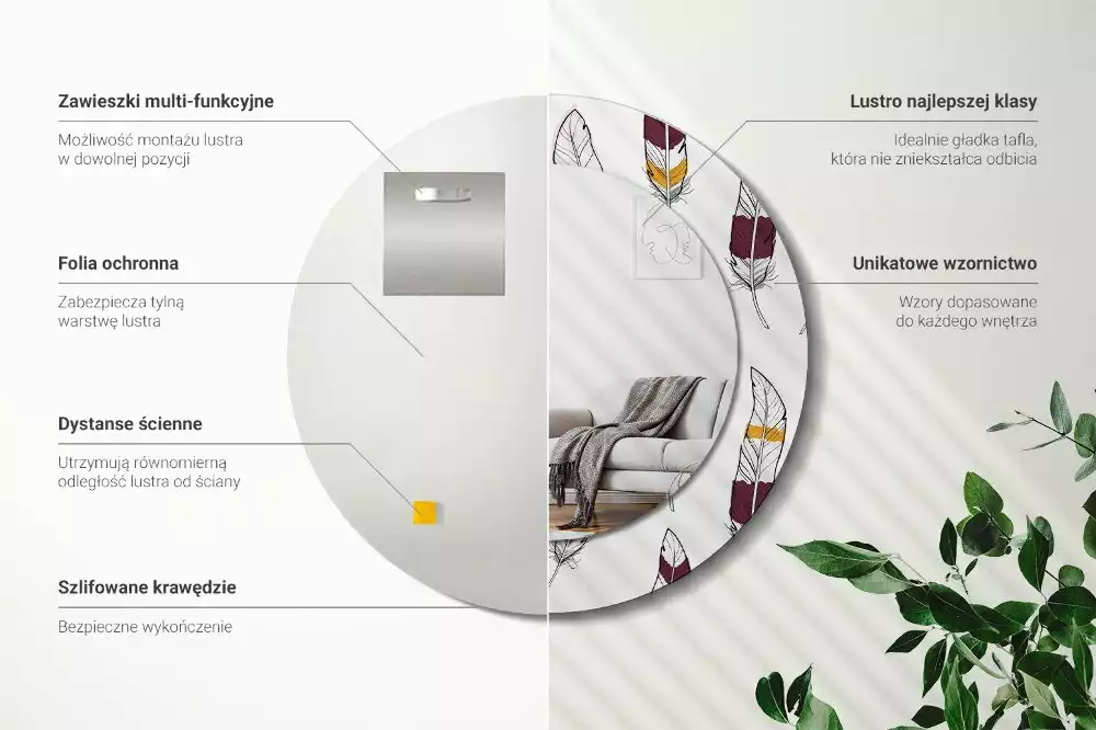 Lustro z drukowaną ramką w motywie piór