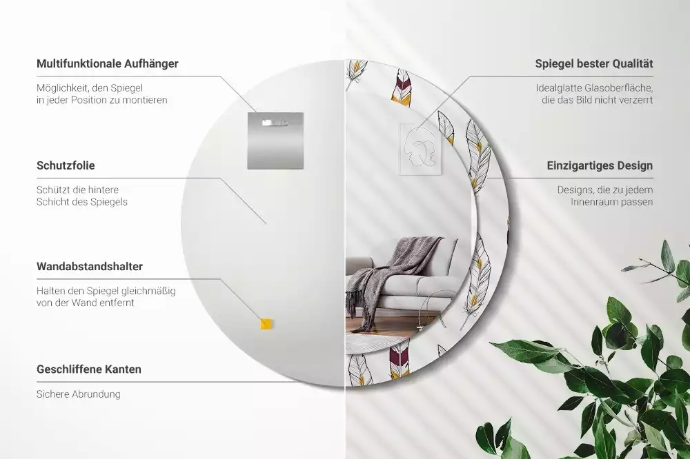 Lustro z drukowaną ramką w motywie piór