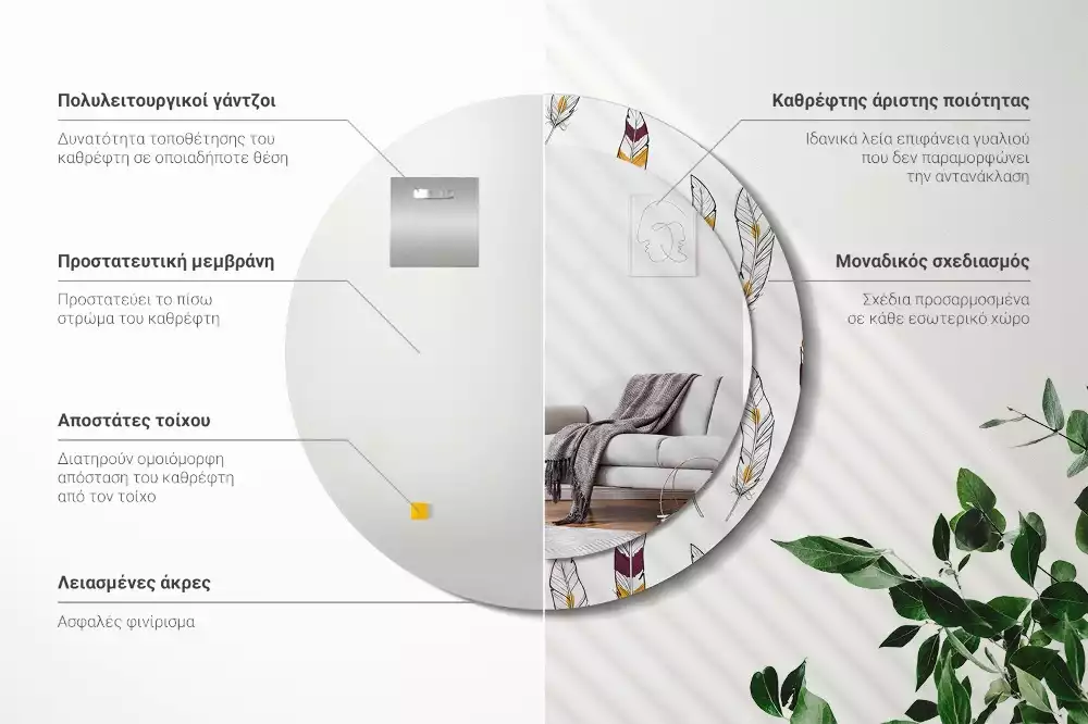 Lustro z drukowaną ramką w motywie piór