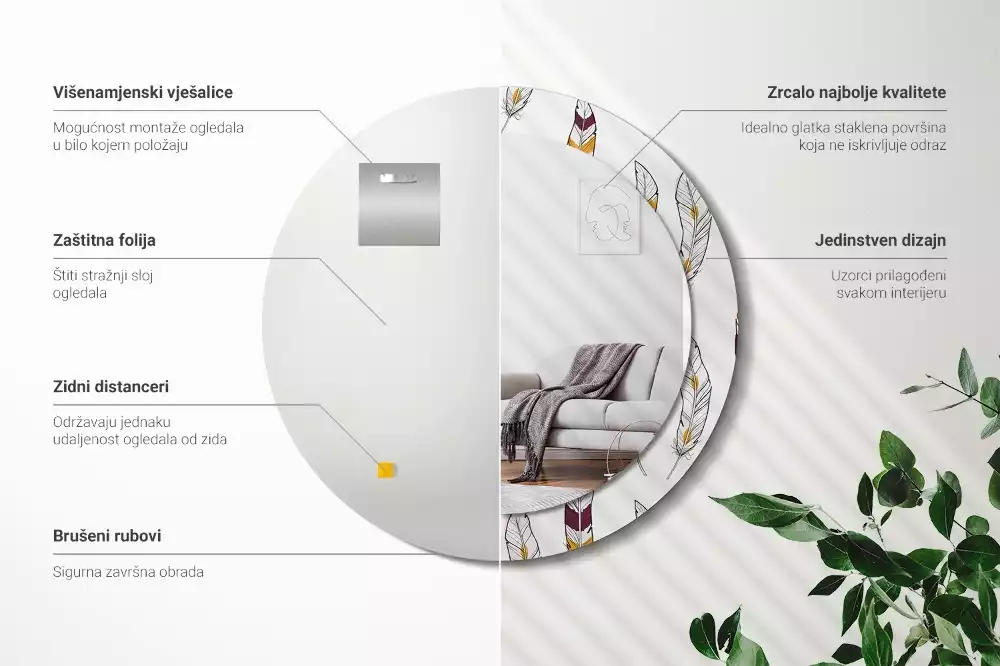 Lustro z drukowaną ramką w motywie piór