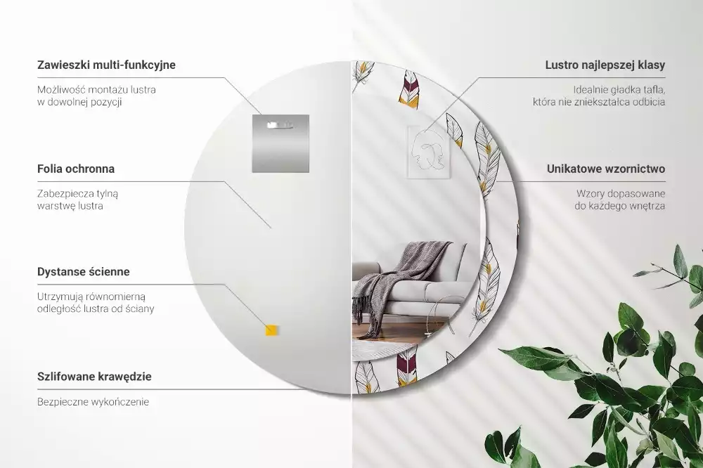 Lustro z drukowaną ramką w motywie piór