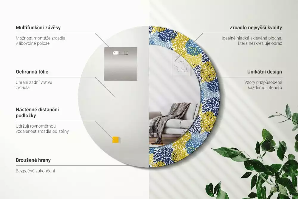 Lustro z drukowaną ramką w motywie niebieskich kwiatów