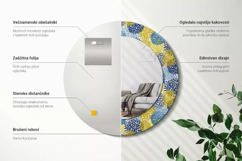 Lustro z drukowaną ramką w motywie niebieskich kwiatów