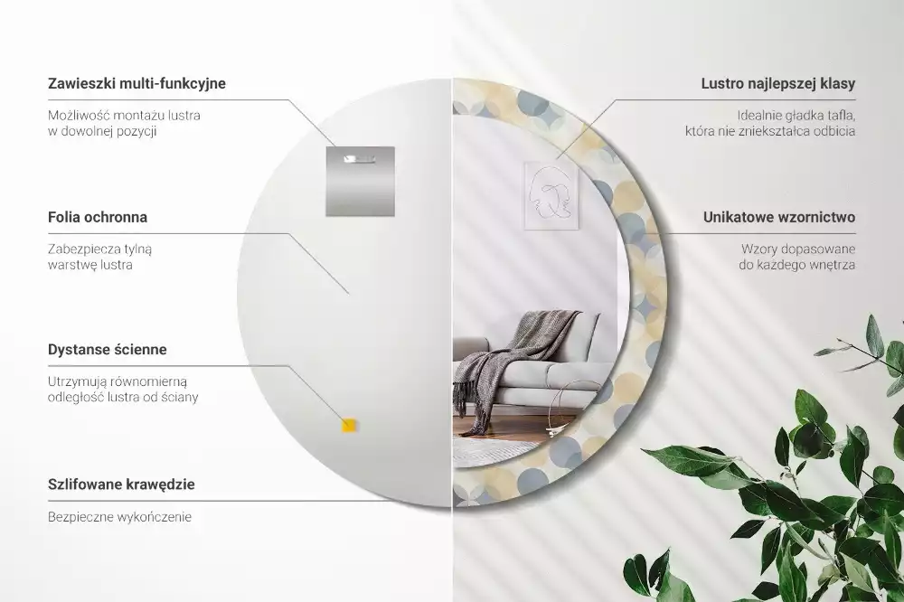 Lustro w ramie z nadrukiem przedstawiającym geometryczne koła