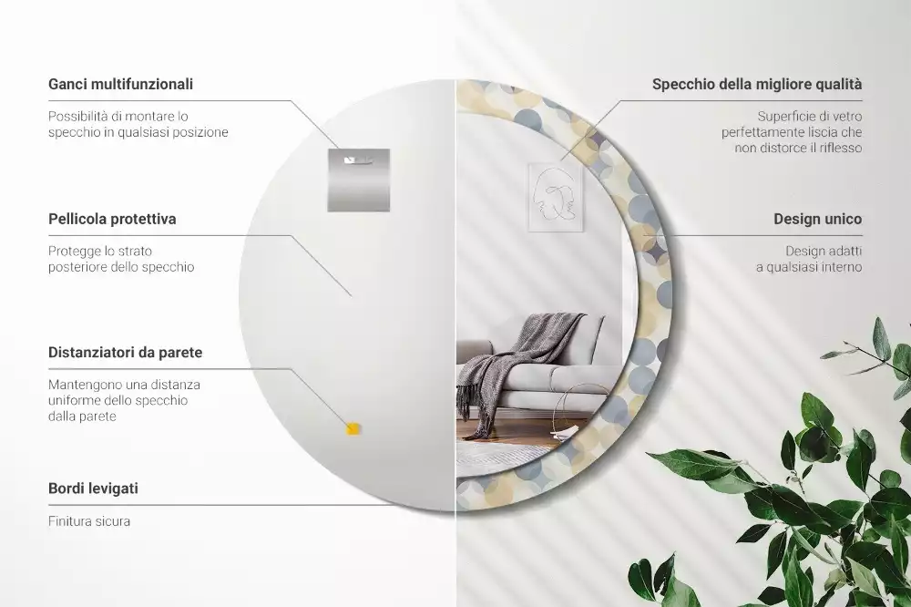 Lustro w ramie z nadrukiem przedstawiającym geometryczne koła