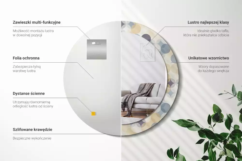 Lustro w ramie z nadrukiem przedstawiającym geometryczne koła