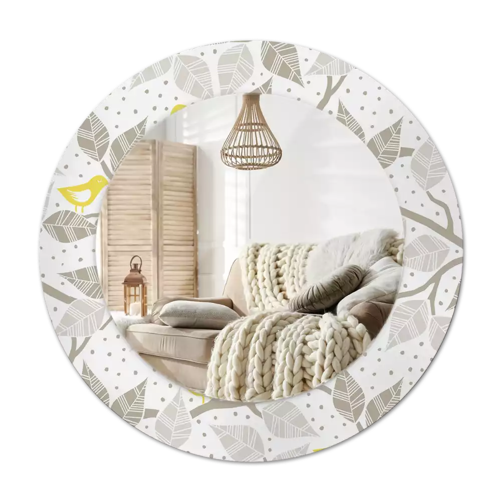 Lustro w ramie z nadrukiem przedstawiającym żółte ptaki siedzące na gałęziach