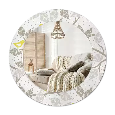 Lustro w ramie z nadrukiem przedstawiającym żółte ptaki siedzące na gałęziach