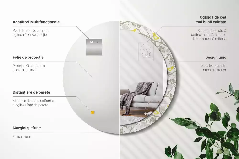 Lustro w ramie z nadrukiem przedstawiającym żółte ptaki siedzące na gałęziach