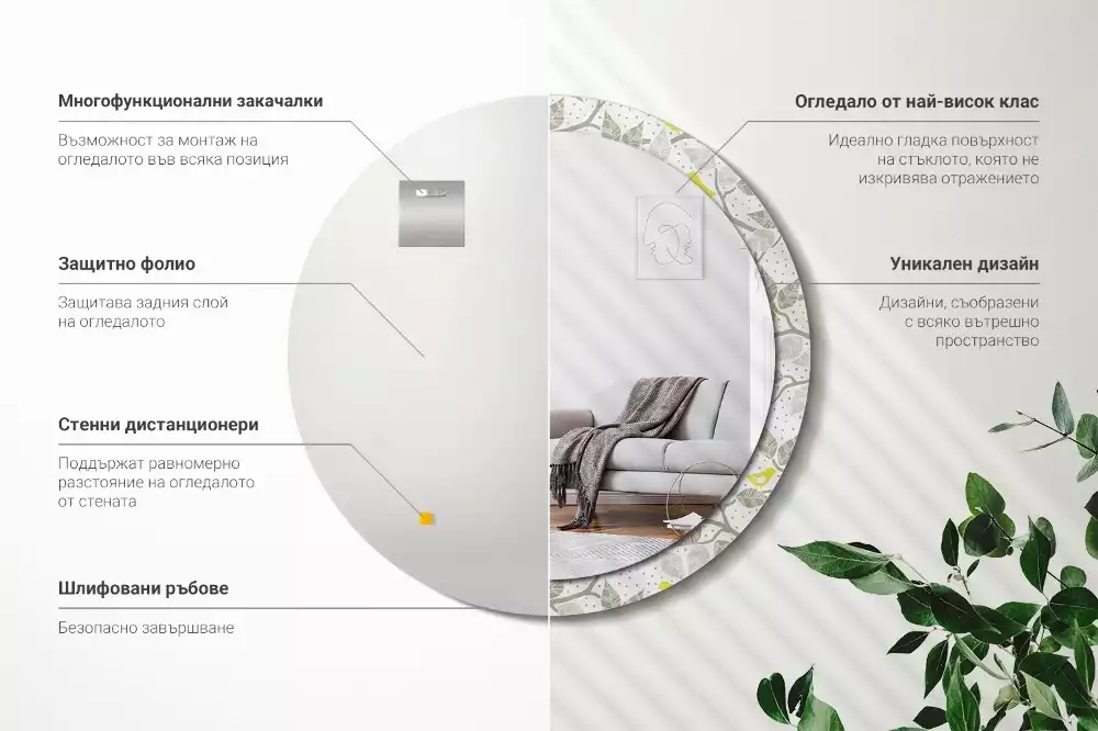 Lustro w ramie z nadrukiem przedstawiającym żółte ptaki siedzące na gałęziach