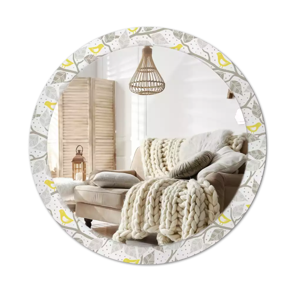 Lustro w ramie z nadrukiem przedstawiającym żółte ptaki siedzące na gałęziach