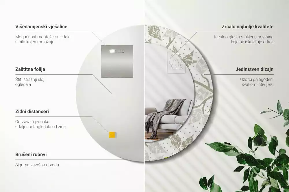 Lustro w ramie z nadrukiem przedstawiającym żółte ptaki siedzące na gałęziach