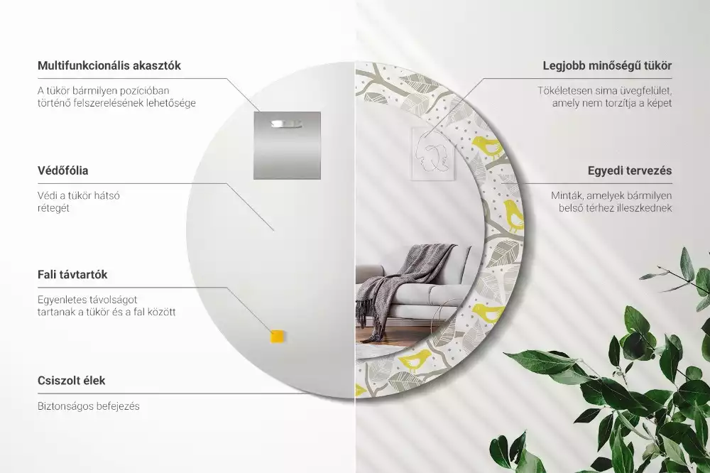 Lustro w ramie z nadrukiem przedstawiającym żółte ptaki siedzące na gałęziach