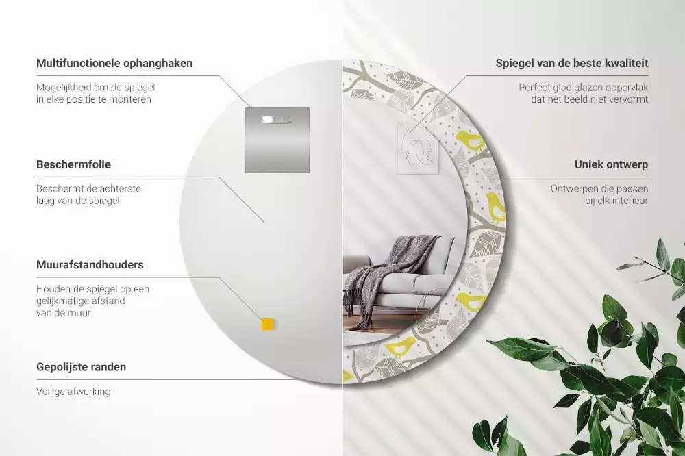 Lustro w ramie z nadrukiem przedstawiającym żółte ptaki siedzące na gałęziach