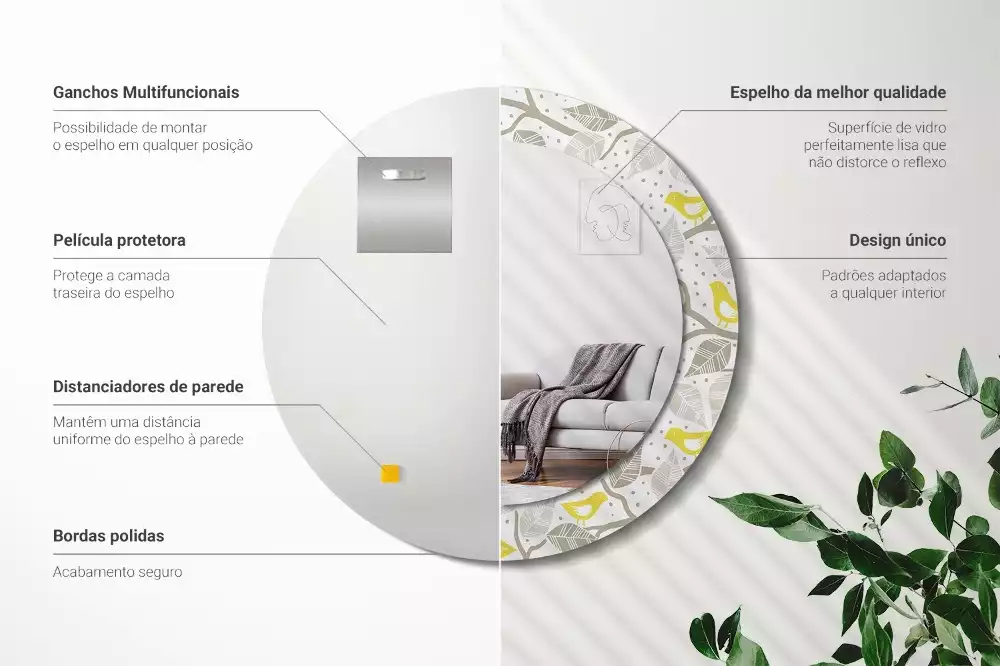 Lustro w ramie z nadrukiem przedstawiającym żółte ptaki siedzące na gałęziach