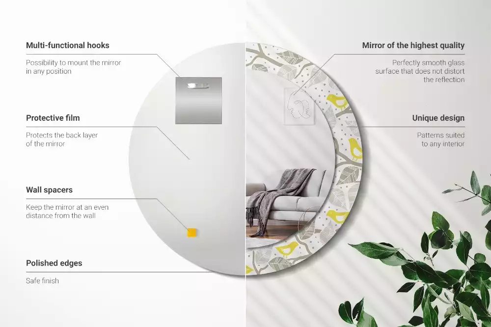 Lustro w ramie z nadrukiem przedstawiającym żółte ptaki siedzące na gałęziach