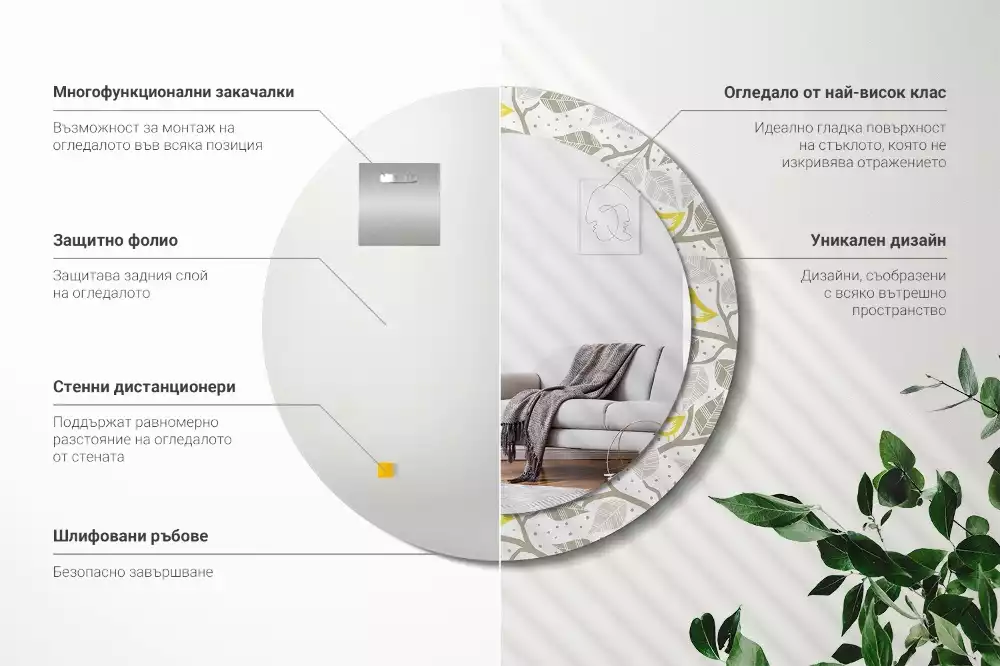 Lustro w ramie z nadrukiem przedstawiającym żółte ptaki siedzące na gałęziach