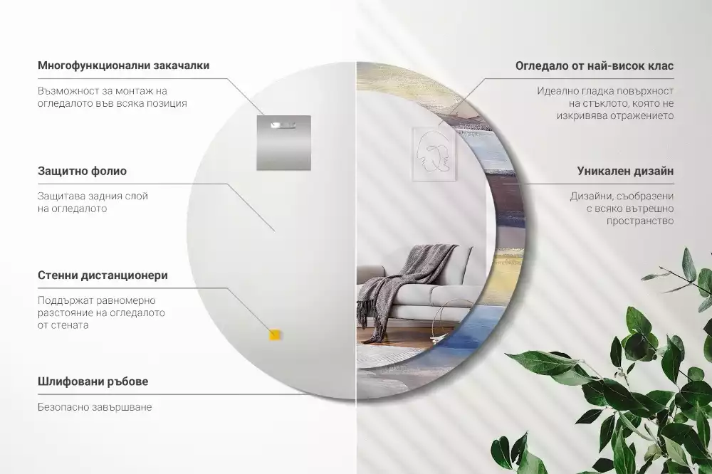 Lustro z ramą z nadrukiem z abstrakcyjnym motywem w wersji okrągłej