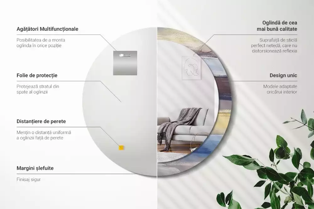 Lustro z ramą z nadrukiem z abstrakcyjnym motywem w wersji okrągłej