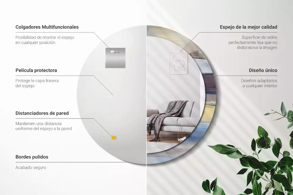 Lustro z ramą z nadrukiem z abstrakcyjnym motywem w wersji okrągłej