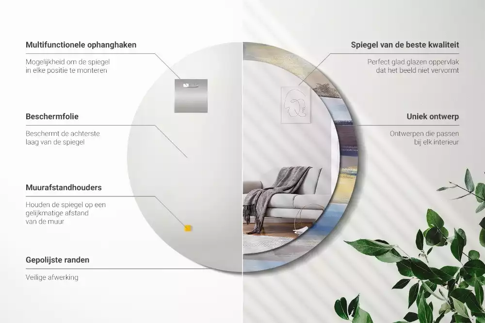 Lustro z ramą z nadrukiem z abstrakcyjnym motywem w wersji okrągłej