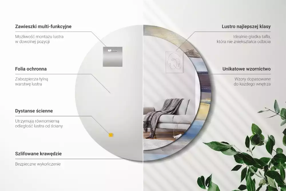 Lustro z ramą z nadrukiem z abstrakcyjnym motywem w wersji okrągłej